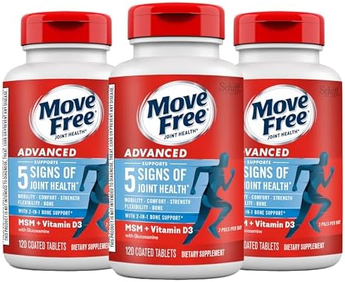 Move Free Advanced Glucosamine Chondroitin MSM + Vitamin D3 Joint Support Supplement, Supports Mobility Comfort Strength Flexibility & Bone + Immune Health - Tablet, 3x120ct Bottles (120 servings)* by MoveFree