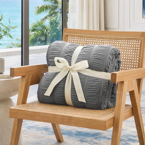 Cozy Bliss Vertical Striped Seersucker Cooling Comforter Twin Size, Lightweight Airflow Silky Cooling Bedding with Q-Max>0.45 for Bedroom, Home Decor, Hot Sleepers & Night Sweats, Grey 68"x90" - Image 5
