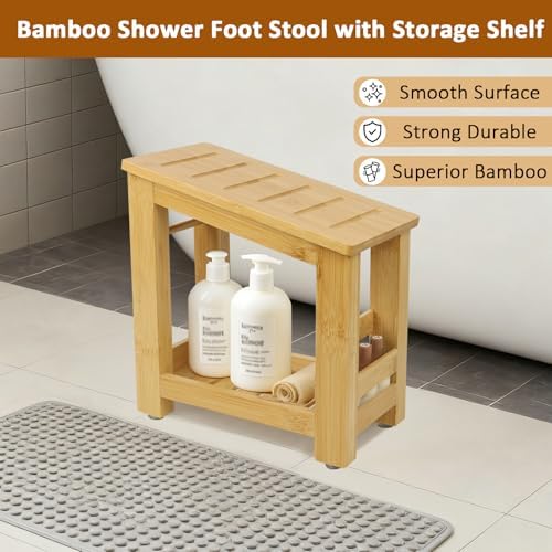 Bamboo Shower Foot Rest Stool for Shaving Legs & Pedicure, Non-Slip Bathroom Foot Step with Storage Pocket, Solid & Water-Resistant,Natural - Image 5