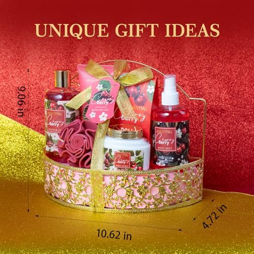 Bath & Body Basket Set, Cherry Fruit Scent Spa Gift Basket with Shower Gel, Lotions for Women Gift Set, Spa Kits for Christmas Valentine's Birthday Gift All Occasion Holiday Gift Idea Luxury Bath Set - Image 5