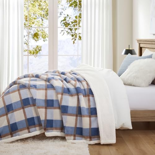 PU MEI Super Soft Faux Rabbit Fur Sherpa Fleece Throw Blanket, Reversible Luxury Cozy Cute Furry Blanket, Plush Warm Shaggy Fluffy Checkered Blankets for Sofa Couch Bed (Blue-Plaid, 80" x 90") - Image 3