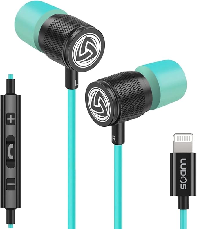 LUDOS Ultra iPhone Wired Headphones Earbuds Earphones with Lightning Connector Apple MFi Certified, 5 Years Warranty, for iPhone 14 13 12 11 Pro Max X XS XR 8 7 Plus with Microphone - Turquoise by Ludos