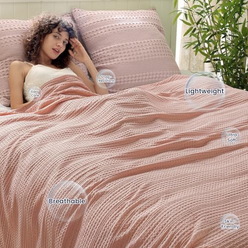PHF Lightweight Waffle Weave Throw Blanket 50"x 60", Soft Woven Summer Blanket for Hot Sleepers - Aesthetic Home Decor for Couch Bed Sofa, Pet Friendly, Rose Pink - Image 2