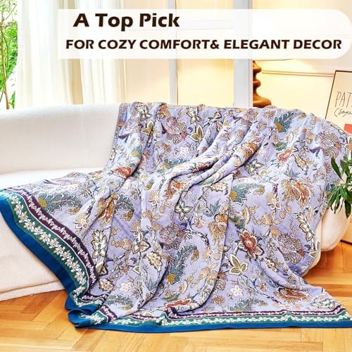VANJOROY Boho Throw Blanket 60" x 80", 100% Organic Cotton Breathable Ultra Soft Bed Purple Quilt Throw - All Season Luxury Floral Farmhouse Decor Blanket for Sofa Couch Chair and Gift. - Image 7
