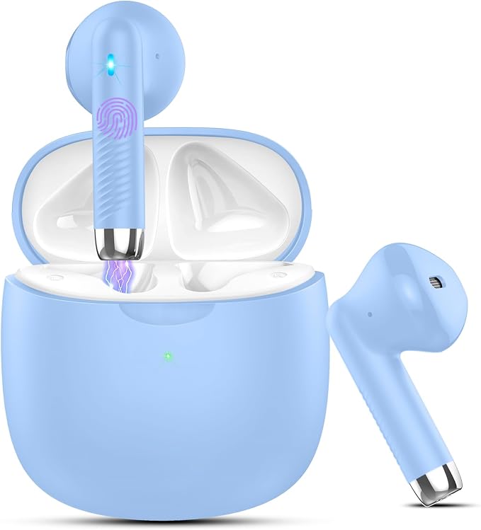 Wireless Earbuds, Bluetooth 5.4 Headphones in Ear with Noise Cancelling Mic, Bluetooth Earbuds Stereo Bass, IP7 Waterproof Sports Earphones, 32H Playtime USB C Charging Buds Light Blue for Android iOS by Jxrev