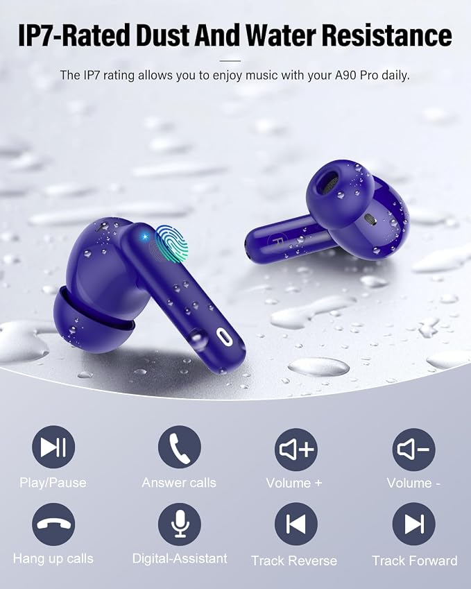 Wireless Earbuds, Bluetooth 5.4 Headphones Bass Stereo/Clear Call,Dark Blue | Ear Buds with Noise Cancelling Mic LED Display in Ear Earphones IP7 Waterproof 36H Bluetooth Earbuds for Phones/Sport/Laptop - Image 8
