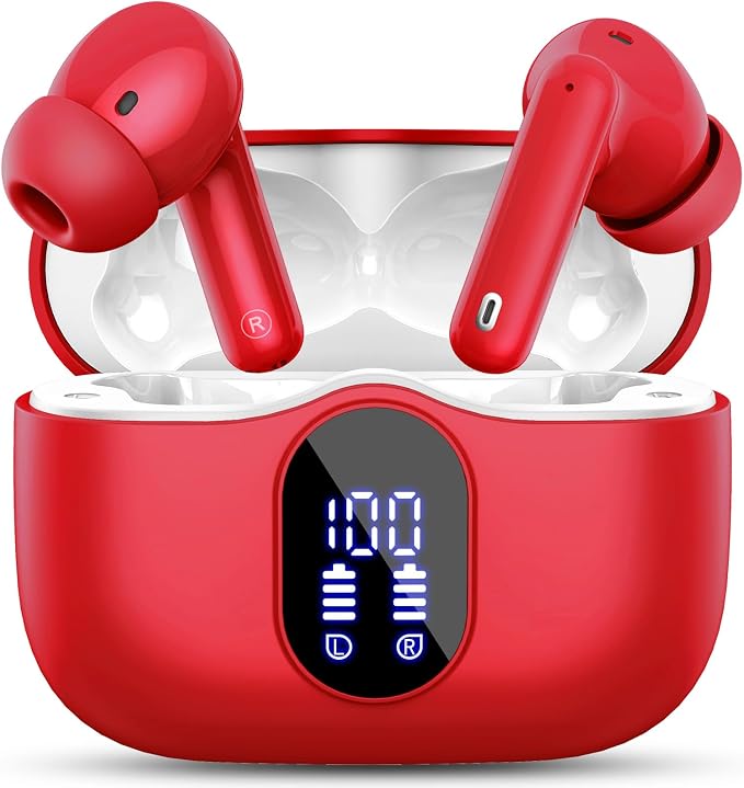 Wireless Earbuds, Bluetooth 5.4 Headphones Bass Stereo/Clear Calls, Red | Ear Buds with Noise Cancelling Mic LED Display in Ear Earphones IP7 Waterproof 36H Bluetooth Earbuds for Phones/Sport/Laptop by Btootos