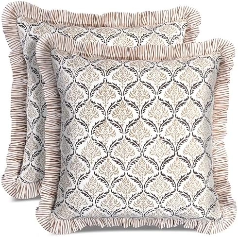 CPC Sandstone Regal Hand Block Print 100% Cotton Ruffle Throw Pillow Cover 18x18 inch with Hidden Zipper Decorative for Couch, Bed, Sofa, Farmhouse, Cottagecore Decor Gift Christmas Fall Thanksgiving by COTTONPRINTCLUB