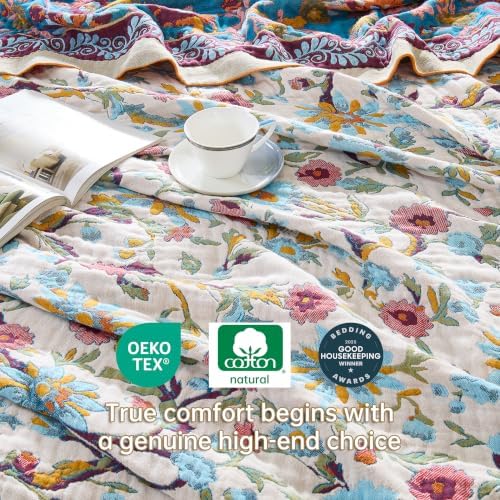 VANJOROY Boho Throw Blanket, 100% Organic Cotton Breathable Skin-Friendly Ultra Soft 50" x 60" Bed Quilt Throw - Floral Rustic Decor Luxury Reversible Blanket for Sofa Couch Chair and Gift, - Image 6