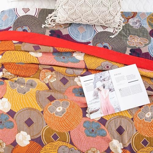 100% Muslin Cotton Throw Blanket for Bed Couch Chair, Floral Persimmon Printed Colorful Retro Quilt Ultra Soft Reversible Gauze Blanket for All Season, 60"x80" - Image 4