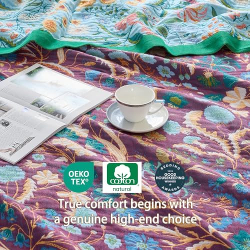 VANJOROY Boho Throw Blanket, 100% Organic Cotton Breathable Skin-Friendly Ultra Soft 80" x 90" Bed Quilt Blue Throw - Floral Rustic Luxury Reversible Blanket for Sofa Couch Chair and Gift, - Image 6