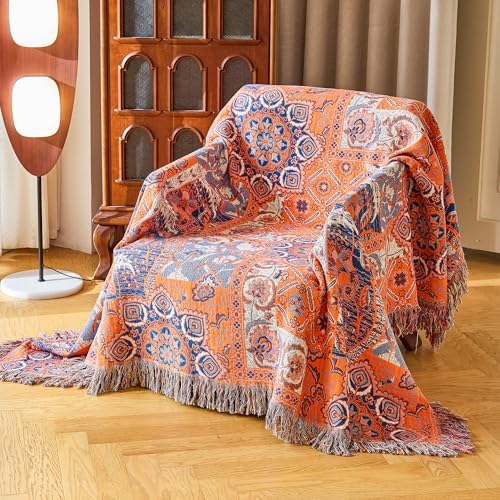 VANJOROY Boho Throw Blanket for Bed Couch 50" x 60", 100% Organic Cotton Skin-Friendly Ultra Soft Quilt Orange Throw - Floral Rustic Room Decor Luxury Reversible Blanket for Sofa Chair and Gift - Image 2