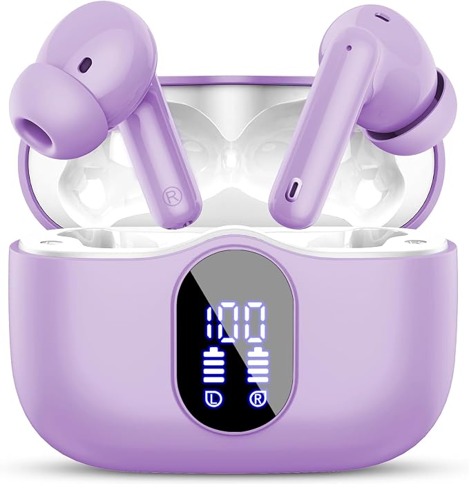 Wireless Earbuds, Bluetooth 5.4 Headphones Bass Stereo/Clear Calls, Purple | Ear Buds with Noise Cancelling Mic LED Display in Ear Earphones IP7 Waterproof 36H Bluetooth Earbuds for Phones/Sport/Laptop by Btootos