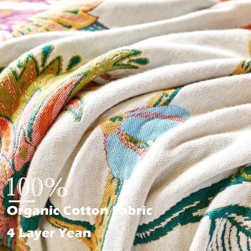 VANJOROY Boho Throw Blanket, 100% Organic Cotton Breathable Skin-Friendly Ultra Soft Bed Quilt Throw - All Season Floral Bird Farmhouse Décor Luxury Blanket for Sofa Couch Chair and Gift. 91" x 98" - Image 6