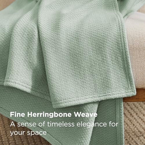 Bedsure 100% Cotton Blanket, Herringbone Weave, Queen Size, Sage Green - Image 3