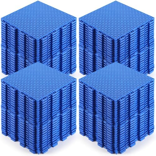 Huwena 100 Pcs Modular Interlocking Cushion Floor Tiles 10 x 10 Inch Non Slip Pool Floor Mat Blue Interlocking Rubber Draining Flooring Tiles with Hole for Drain Deck Patio Balcony Shower Kitchen by Huwena
