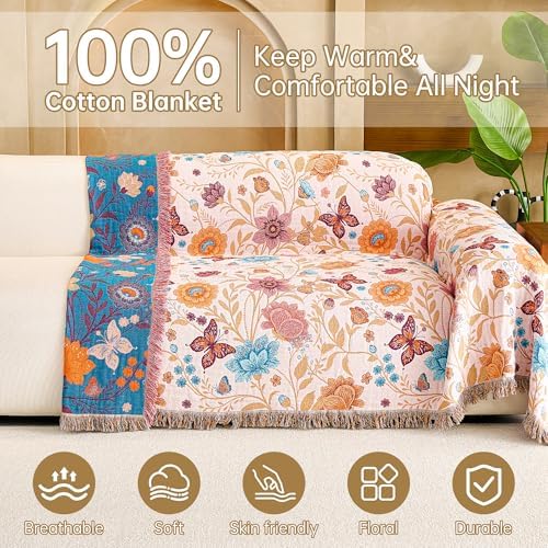 VANJOROY Boho Throw Blanket, 100% Organic Cotton Breathable Ultra Soft 91" x 98" Bed Quilt Throw - All Season Floral Rustic Farmhouse Decor Luxury Reversible Blanket for Sofa Couch Chair and Gift - Image 2