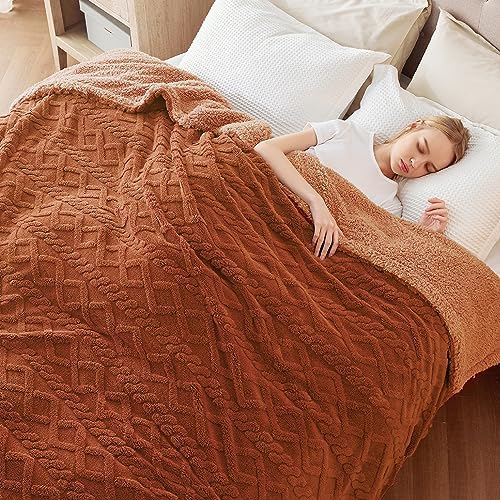 Bedsure Sherpa Fleece Blanket, Cable Jacquard Tufted, Warm, Orange, King - Image 5