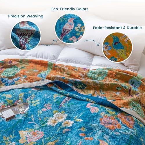 MSGKV Boho Throw Blanket 50"x60" 100% Cotton Floral Bird Throw for Couch - Image 3