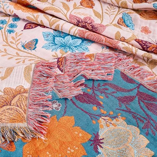 VANJOROY Boho Throw Blanket, 100% Organic Cotton Breathable Ultra Soft 80" x 90" Bed Quilt Throw - All Season Floral Rustic Farmhouse Decor Luxury Reversible Blanket for Sofa Couch Chair and Gift - Image 7