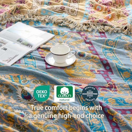 VANJOROY Boho Throw Blanket, 100% Organic Cotton Breathable Skin-Friendly Ultra Soft 80" x 90" Bed Quilt Throw - Floral Rustic Luxury Reversible Blanket for Sofa Couch Chair and Gift, - Image 6