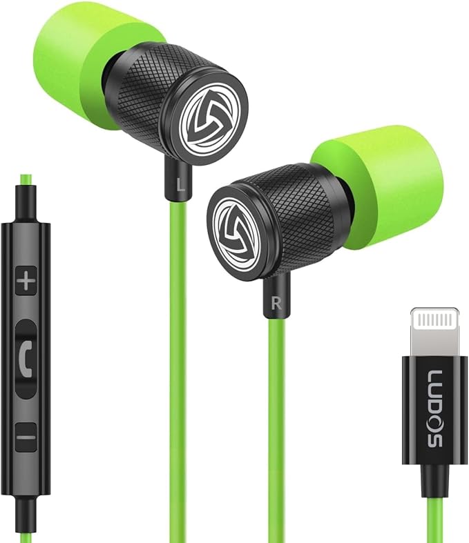 LUDOS Ultra iPhone Wired Headphones Earbuds Earphones with Lightning Connector Apple MFi Certified, 5 Years Warranty, for iPhone 14 13 12 11 Pro Max X XS XR 8 7 Plus with Microphone Control - Green by Ludos