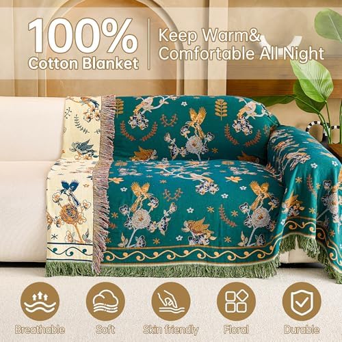 VANJOROY Boho 100% Cotton Large Throw Blanket - All Season Rustic Ultra Soft Breathable Floral Bird Blanket for Bed Sofa Couch Chair Bedspread Quilt Gift, 80" x 90"-Teal/Beige - Image 2