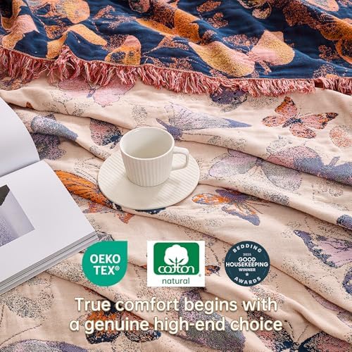 VANJOROY Boho Throw Blanket, 100% Organic Cotton Breathable Ultra Soft 50" x 60" Bed Quilt Throw - All Season Floral Rustic Farmhouse Decor Luxury Reversible Blanket for Sofa Couch Chair and Gift - Image 6