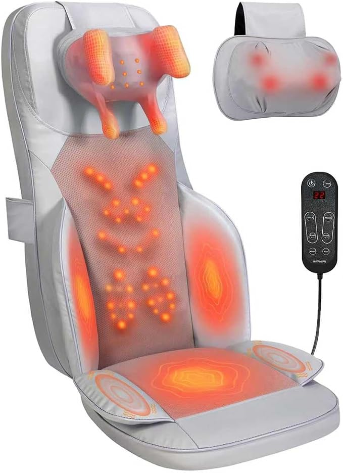 Massage Chair Pad with Dual Neck Modules and Heat, Grey by BWPIWPR
