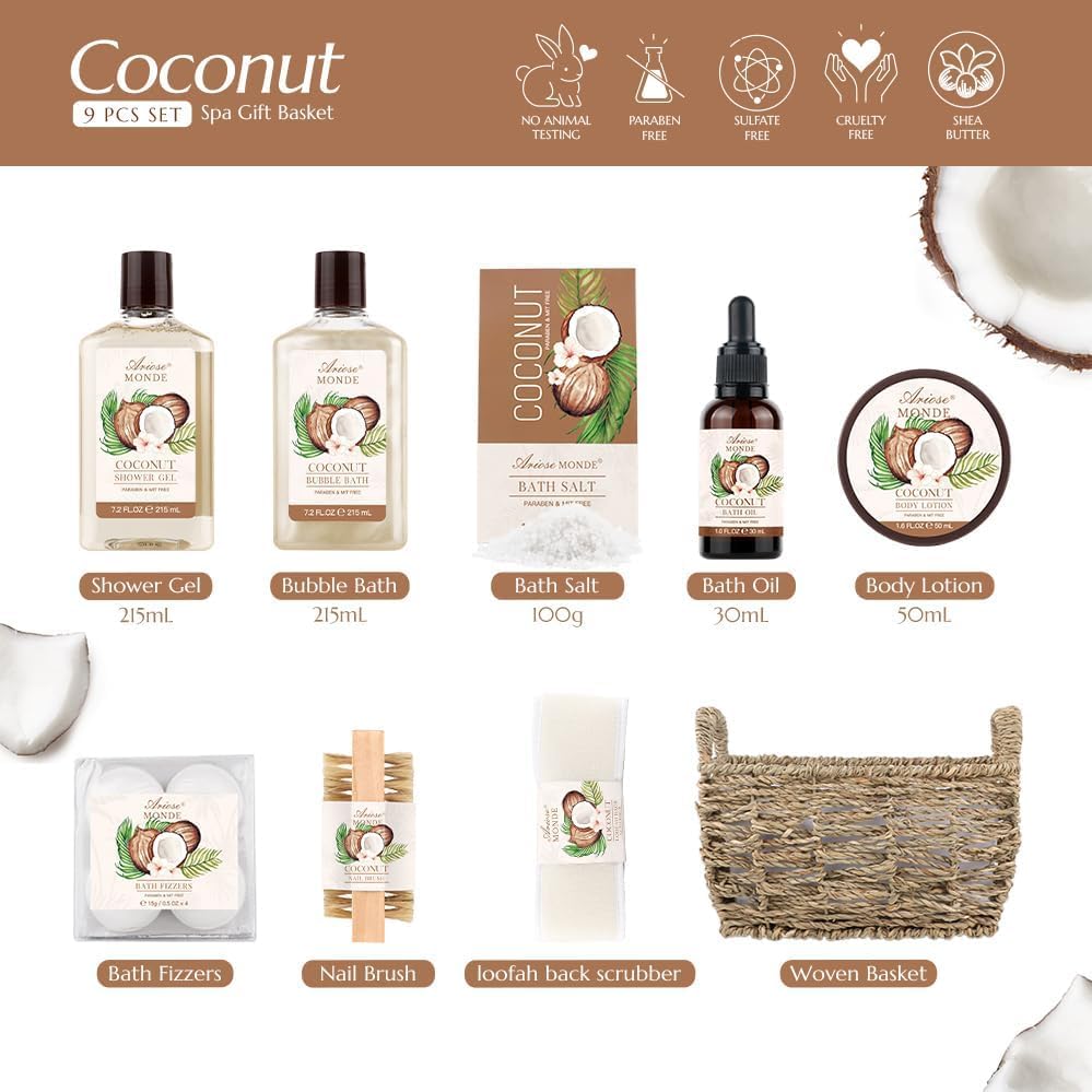 Gift Baskets for Women, 9pcs Coconut Bath Set Spa Self Care Gift Basket - Image 2