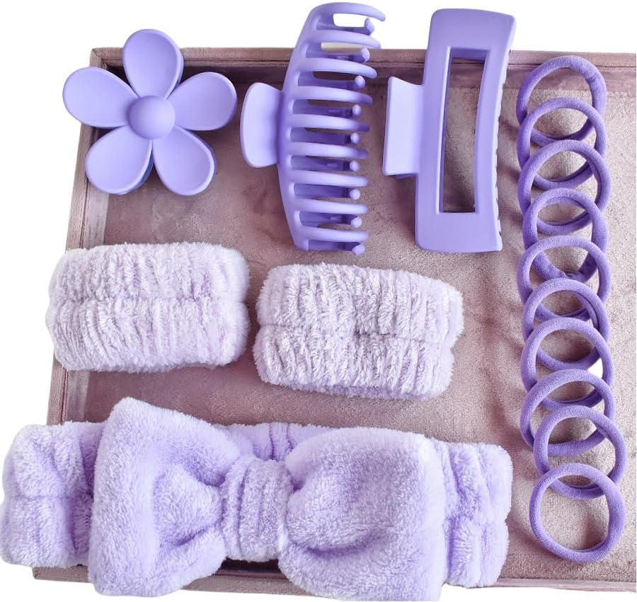 16pcs Skincare Headband Set, Headband Set for Face Washing Spa and Makeup, Including 1 Hairband, Wristband, 3 Hair Claw Clips and 10 Hair Ties, with Box, Gift for Women and Girls, Purple - Image 2