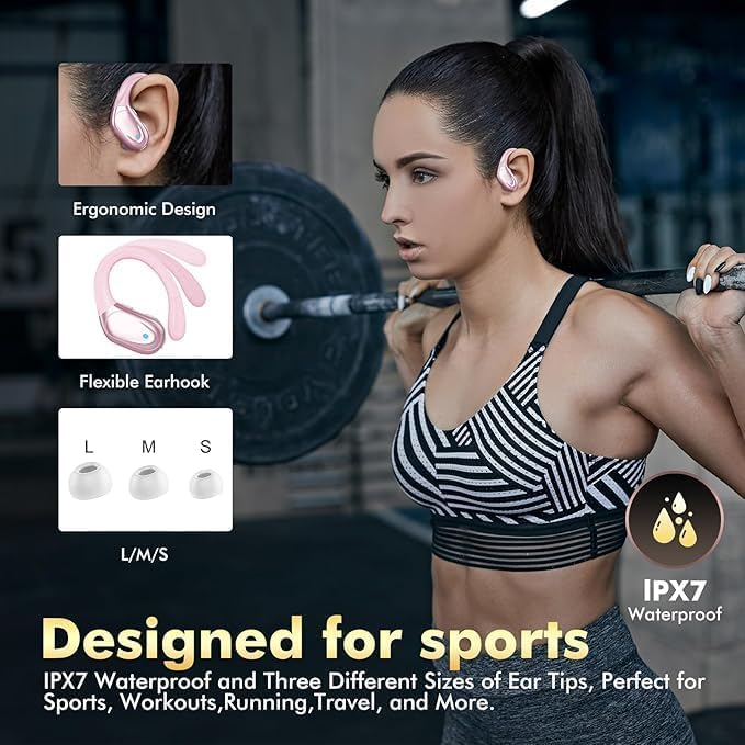 HAOYUYAN Wireless Earbuds, Sports Bluetooth Headphones, 80Hrs Playtime Ear Buds with LED Power Display, Noise Canceling Headset, IPX7 Waterproof Earphones for Workout/Running (Pink) - Image 5
