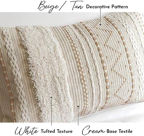 BlissBlush 20X54 Oversized Large Lumbar Pillow Cover for Bed, Rectangular Long Decorative Throw Pillowcase, Cotton Boho Accent Cushion with Tufted Pattern and Tassels, Cream Beige Neutral (Cover Only) - Image 3