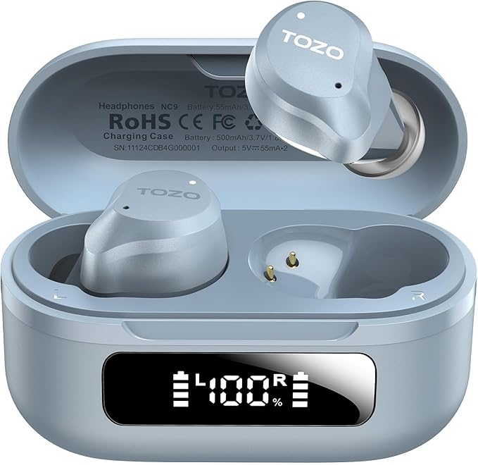 TOZO NC9 Hybrid Active Noise Cancelling Wireless Earbuds, 60H, LED Display | 6 Mic ENC Clear Calls, Deep Bass Sound, IPX8, in Ear Bluetooth 5.3 Headphones,32 EQs via APP,Comfort Fit Ear Buds,Light Blue by TOZO