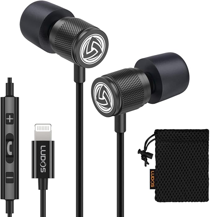LUDOS Ultra iPhone Wired Headphones Earbuds Earphones with Lightning Connector Apple MFi Certified, 5 Years Warranty, for iPhone 14 13 12 11 Pro Max X XS XR 8 7 Plus with Microphone Control - Black by Ludos