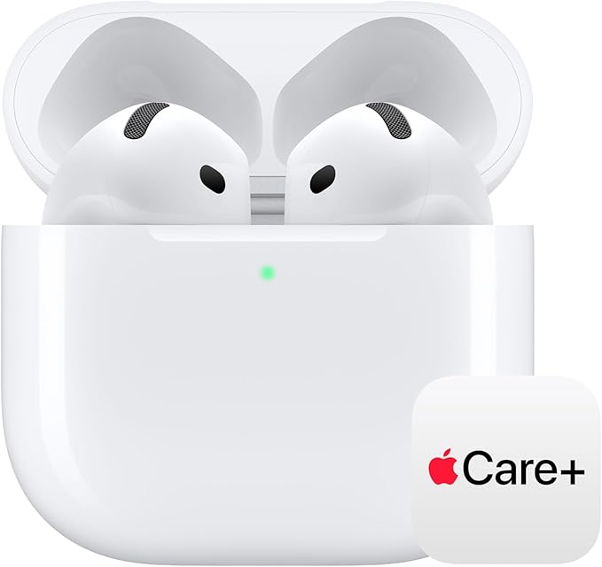 Apple AirPods 4 Wireless Earbuds, Bluetooth Headphones, Personalized Spatial Audio, Sweat and Water Resistant, USB-C Charging Case, H2 Chip, Up to 30 Hours of Battery Life with AppleCare+ (2 Years) by Apple