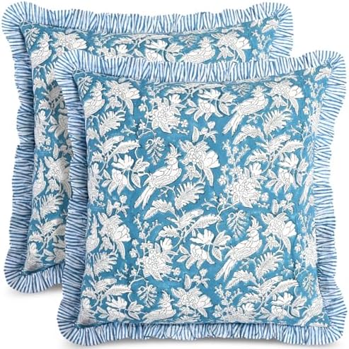 CPC Block Print Ruffle Throw Cover Blue Sapphire 24"x24" Inch Pack of 2-100% Cotton Ruffle Couch Decorative Boho Pillows Case for Living Room, Bedroom, Sofa, Farmhouse Gift for Spring, Mother's Day by COTTONPRINTCLUB