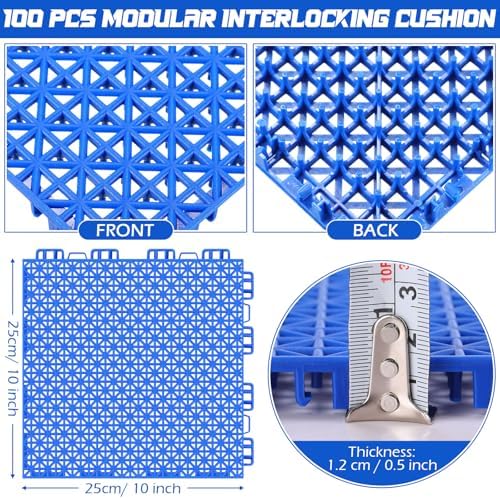 Huwena 100 Pcs Modular Interlocking Cushion Floor Tiles 10 x 10 Inch Non Slip Pool Floor Mat Blue Interlocking Rubber Draining Flooring Tiles with Hole for Drain Deck Patio Balcony Shower Kitchen - Image 2