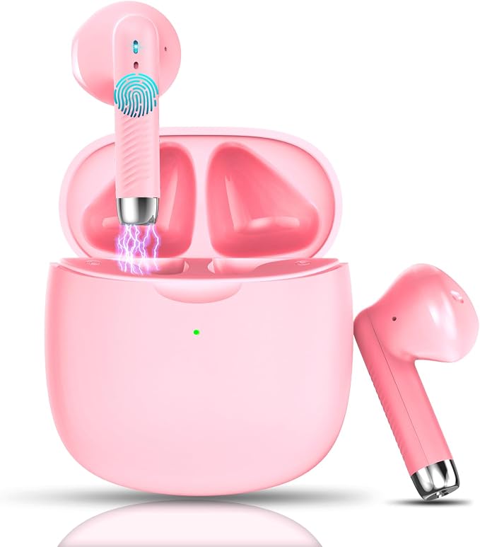 Wireless Earbuds, Bluetooth 5.4 Earbuds Stereo Bass, Bluetooth Headphones | in Ear Noise Cancelling Mic, Wireless Earphones IP7 Waterproof Sports, 32H Playtime Mini USB C Charging Ear Buds Light Pink by Jxrev