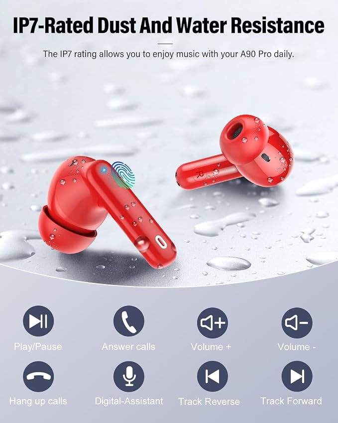 Wireless Earbuds, Bluetooth 5.4 Headphones Bass Stereo/Clear Calls, Red | Ear Buds with Noise Cancelling Mic LED Display in Ear Earphones IP7 Waterproof 36H Bluetooth Earbuds for Phones/Sport/Laptop - Image 8