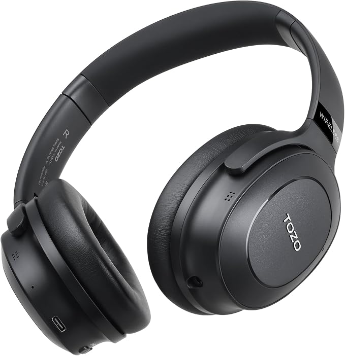 TOZO Hybrid Active Noise Cancelling Headphones, Wireless Over Ear Bluetooth Headset, 40H Playtime, Hi-Res Audio Custom EQ via App Deep Bass Comfort Fit Ear Cups, for Home Office Travel Black by TOZO
