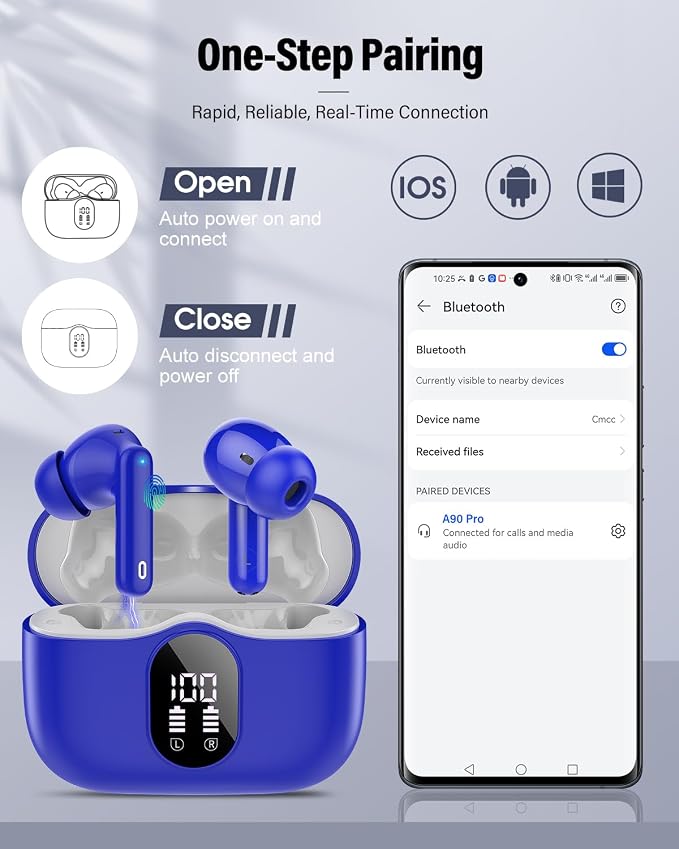 Wireless Earbuds, Bluetooth 5.4 Headphones Bass Stereo/Clear Calls, Blue | Ear Buds with Noise Cancelling Mic LED Display in Ear Earphones IP7 Waterproof 36H Bluetooth Earbuds for Phones/Sport/Laptop - Image 5