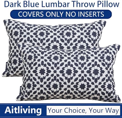 2PCS Pack Aitliving Decorative Throw Pillow Covers Muted Slate Blue Trellis Embroidery Dark Blue Mina Lumbar Pillowcases Cushion Covers Navy Blue Lumbar Pillow Sham 30x50cm for Outdoor Accent Pillows - Image 6