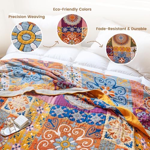 MSGKV Boho Throw Blanket 90"x90" Summer Cotton Queen Roman Blanket for Bed - Image 3