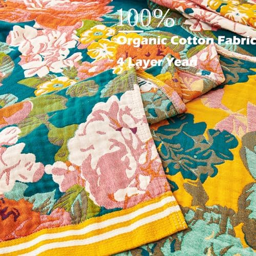 VANJOROY Boho Throw Blanket, 100% Organic Cotton Breathable Ultra Soft 60" x 80" Bed Quilt Throw - All Season Floral Rustic Farmhouse Decor Luxury Reversible Blanket for Sofa Couch Chair and Gift - Image 6