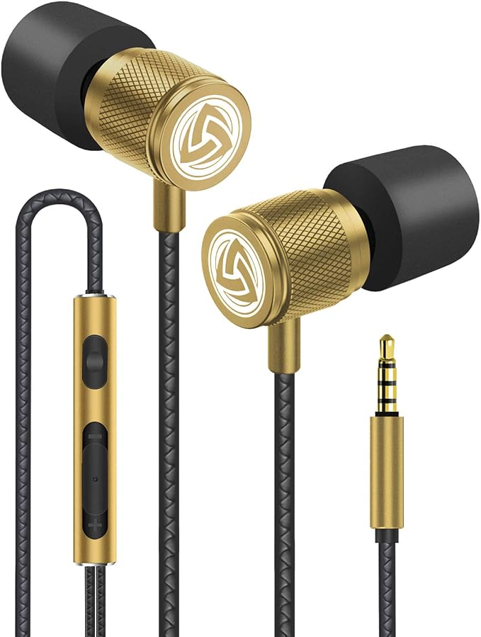 LUDOS Ultra Wired Earbuds in-Ear Headphones, 5 Years Warranty, Earphones with Microphone, Noise Isolating Ear Buds, Memory Foam for iPhone, Samsung, School Students, Kids, Women, Small Ears - Gold by Ludos