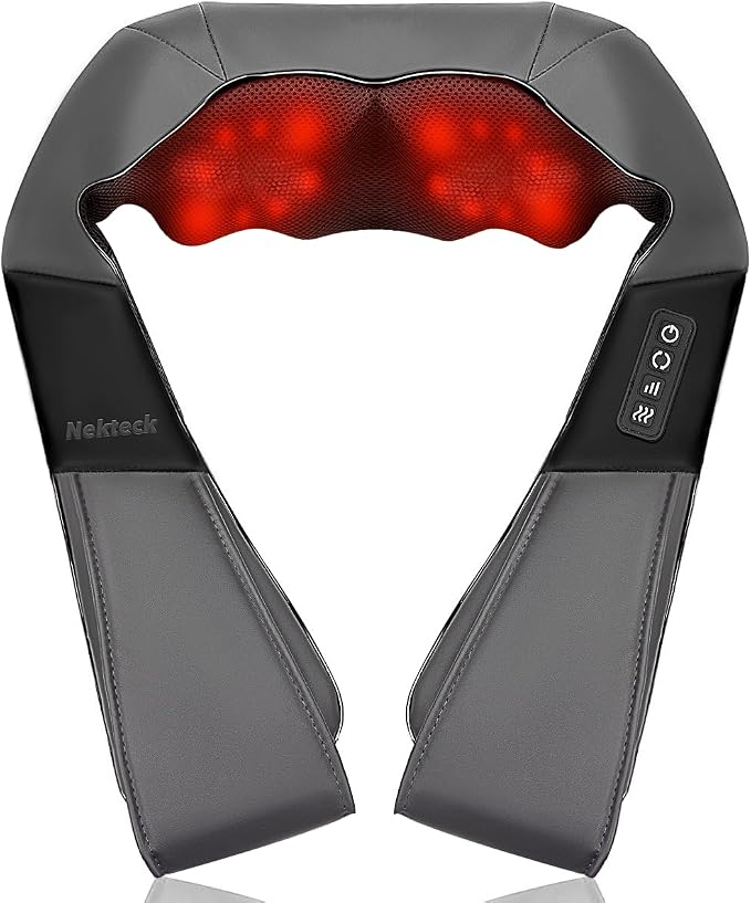 Nekteck Shiatsu Neck Massager with Heat for Pain Relief, Gray, NOT Cordless by Nekteck