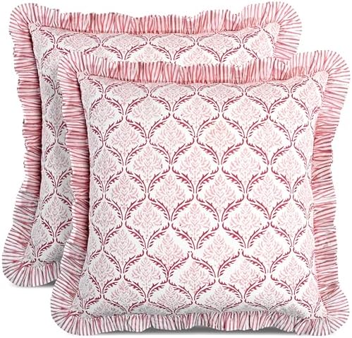 CPC Blush Rose Hand Block Print 100% Cotton Ruffle Throw Pillow Cover 18x18 inch with Hidden Zipper Decorative for Couch, Bed, Sofa, Farmhouse, Cottagecore Decor Gift Christmas Fall Thanksgiving by COTTONPRINTCLUB