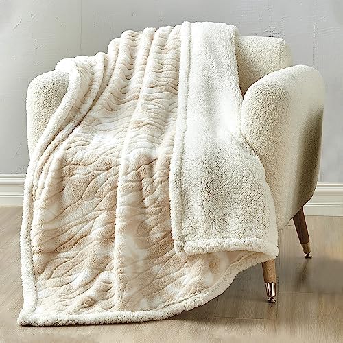 Elegant Comfort Luxury Ultra-Plush Velvet Touch Sherpa Fleece Throw Blanket - Alaska Beige - Image 2