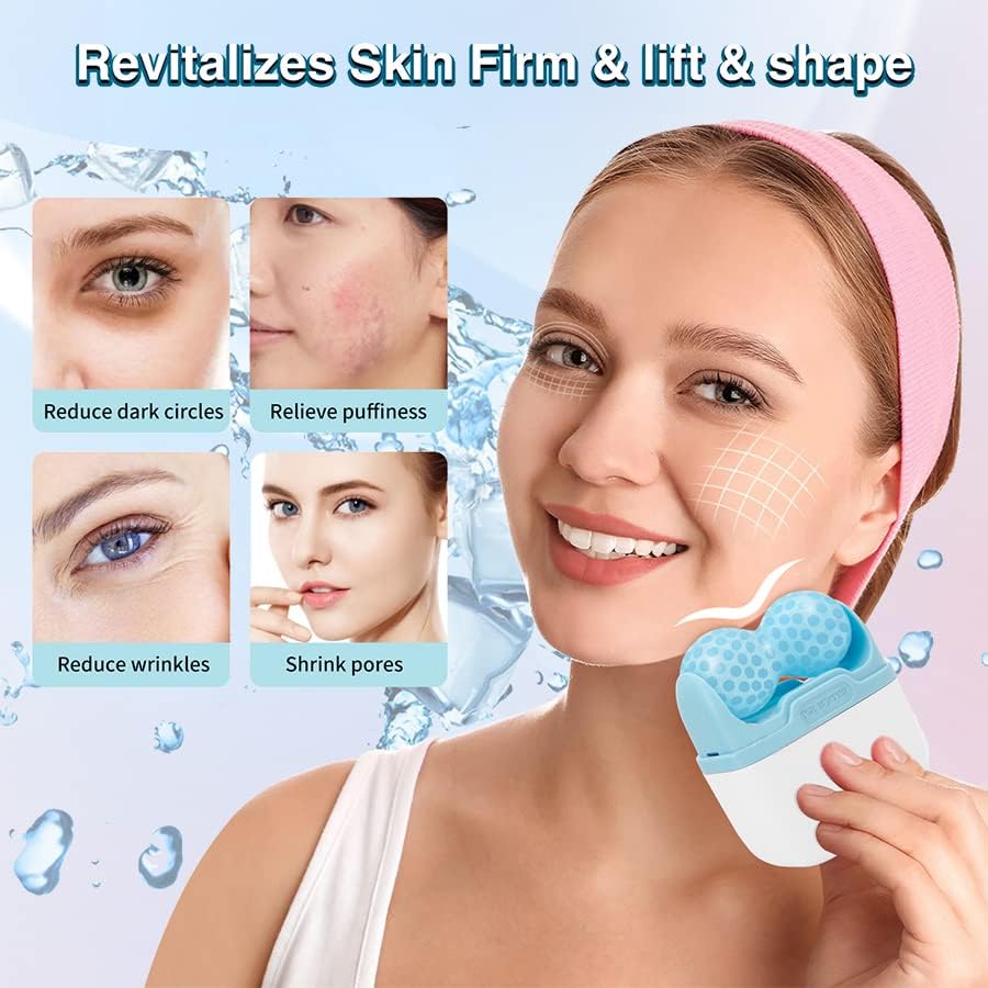 Ice Roller for Face & Eye, Puffiness & Migraine Relief 2-in-1 Stainless Steel Cold Therapy Facial Roller, Long Lasting Skin Care Tool - Blue - Image 2